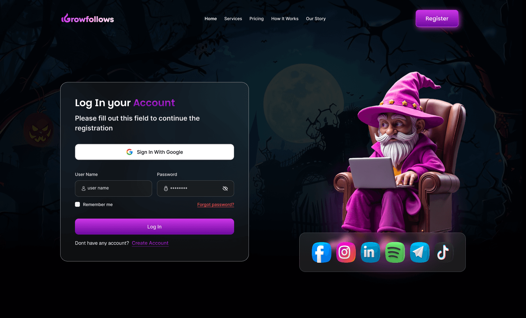 Growfollows login page preview